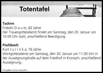 Anzeige von Totentafel vom 20.01.2018 von MGO