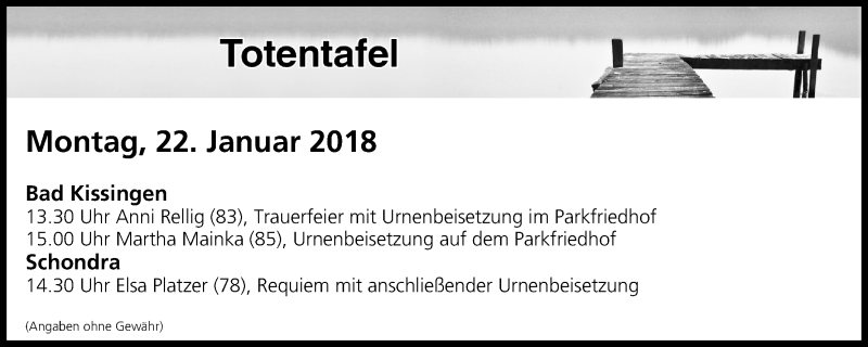  Traueranzeige für Totentafel vom 22.01.2018 vom 22.01.2018 aus MGO