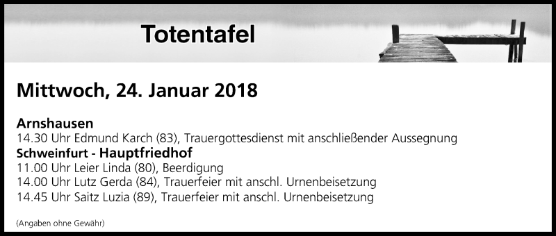  Traueranzeige für Totentafel vom 24.01.2018 vom 24.01.2018 aus MGO