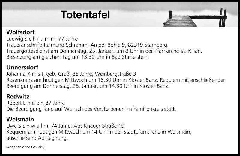  Traueranzeige für Totentafel vom 24.01.2018 vom 24.01.2018 aus MGO