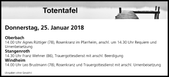 Anzeige von Totentafel vom 25.01.2018 von MGO