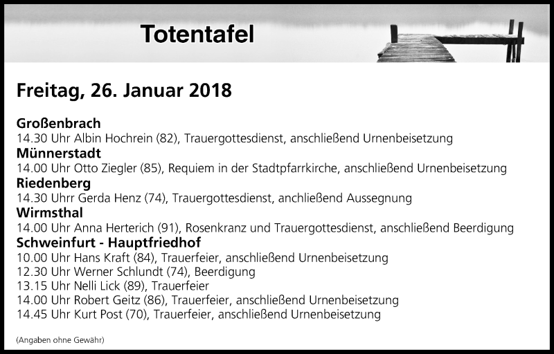  Traueranzeige für Totentafel vom 26.01.2018 vom 26.01.2018 aus MGO