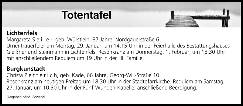  Traueranzeige für Totentafel vom 26.01.2018 vom 26.01.2018 aus MGO