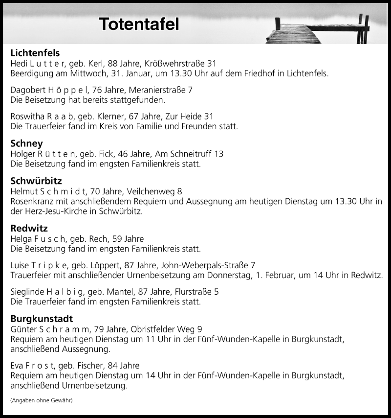  Traueranzeige für Totentafel vom 30.01.2018 vom 30.01.2018 aus MGO