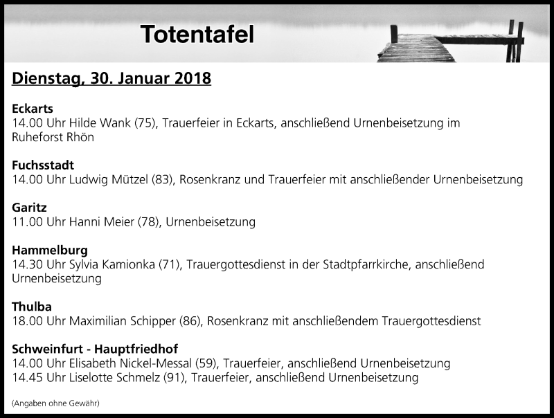  Traueranzeige für Totentafel vom 30.01.2018 vom 30.01.2018 aus MGO