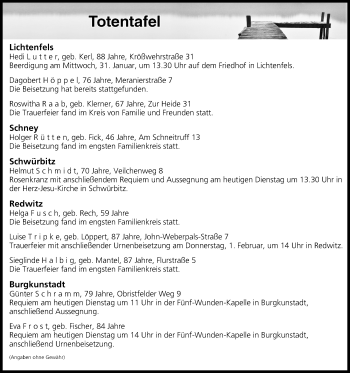 Anzeige von Totentafel vom 30.01.2018 von MGO