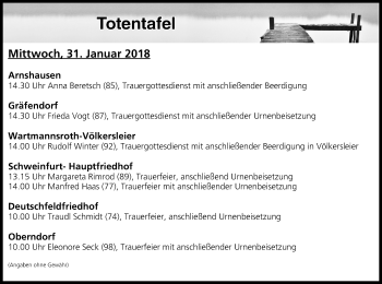 Anzeige von Totentafel vom 31.01.2018 von MGO