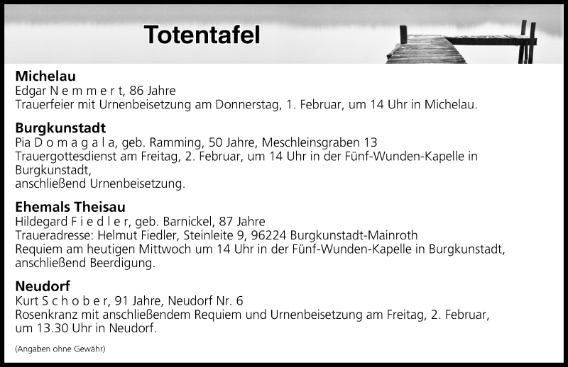  Traueranzeige für Totentafel vom 31.01.2018 vom 31.01.2018 aus MGO
