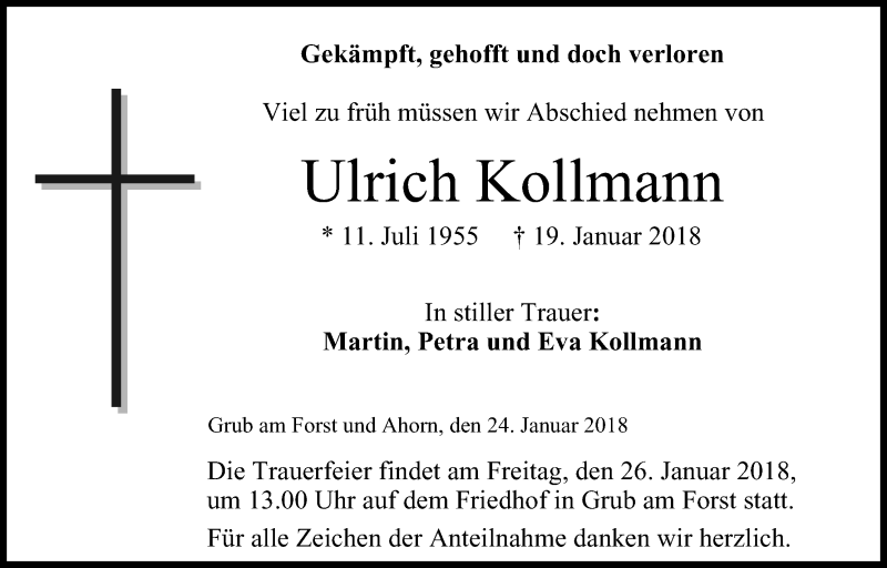  Traueranzeige für Ulrich Kollmann vom 24.01.2018 aus MGO