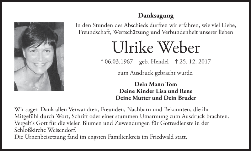  Traueranzeige für Ulrike Weber vom 27.01.2018 aus MGO