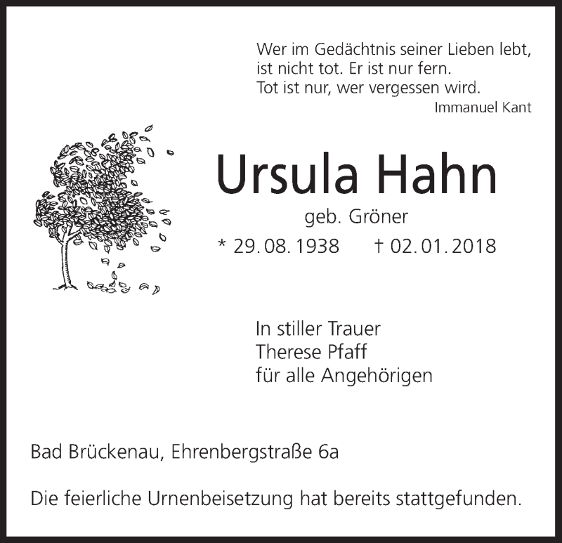  Traueranzeige für Ursula Hahn vom 20.01.2018 aus MGO