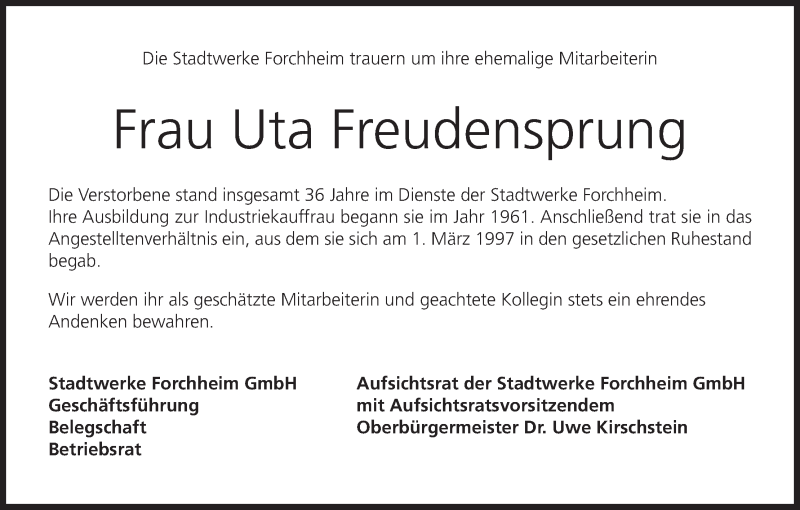  Traueranzeige für Uta Freudensprung vom 13.01.2018 aus MGO