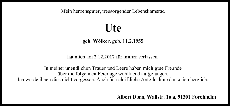  Traueranzeige für Ute  vom 05.01.2018 aus MGO