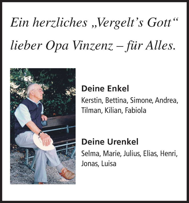 Traueranzeige für Vinzenz  vom 27.01.2018 aus MGO