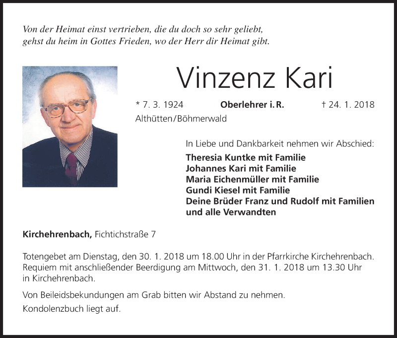  Traueranzeige für Vinzenz Kari vom 27.01.2018 aus MGO