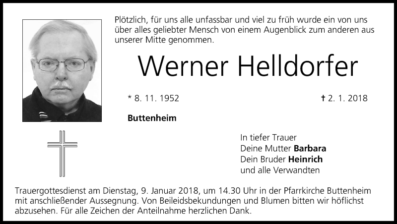  Traueranzeige für Werner Helldorfer vom 05.01.2018 aus MGO
