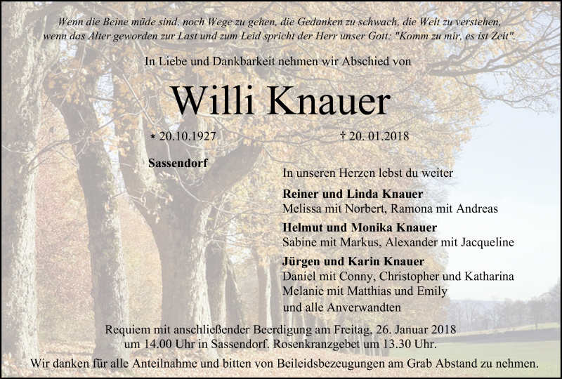  Traueranzeige für Willi Knauer vom 24.01.2018 aus MGO