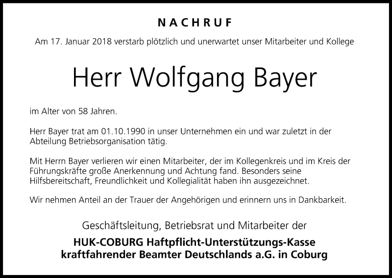  Traueranzeige für Wolfgang Bayer vom 27.01.2018 aus MGO