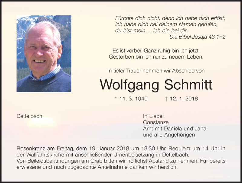  Traueranzeige für Wolfgang Schmitt vom 17.01.2018 aus MGO