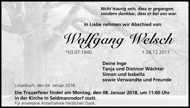  Traueranzeige für Wolfgang Welsch vom 04.01.2018 aus MGO