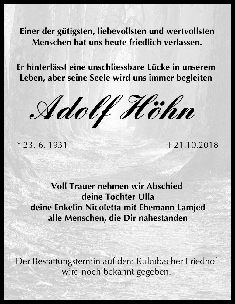  Traueranzeige für Adolf Höhn vom 23.10.2018 aus MGO