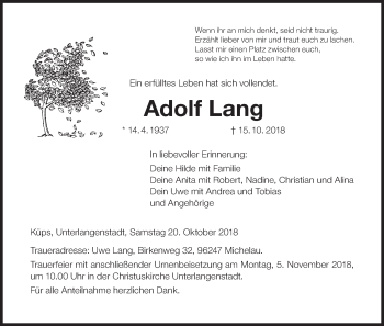 Anzeige von Adolf Lang von MGO