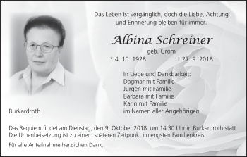 Anzeige von Albina Schreiner von MGO