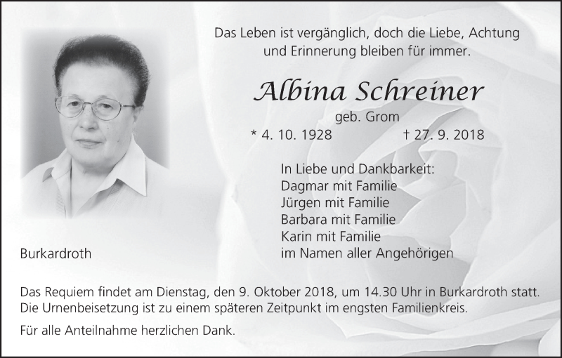  Traueranzeige für Albina Schreiner vom 06.10.2018 aus MGO