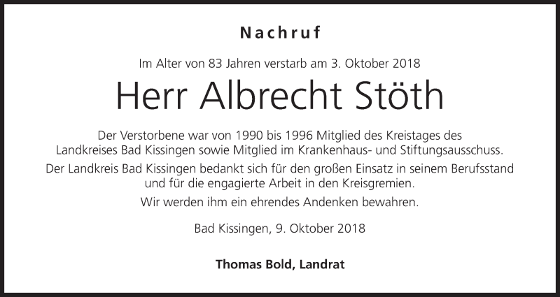  Traueranzeige für Albrecht Stöth vom 09.10.2018 aus MGO
