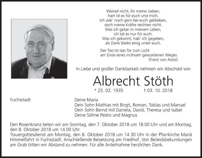  Traueranzeige für Albrecht Stöth vom 06.10.2018 aus MGO