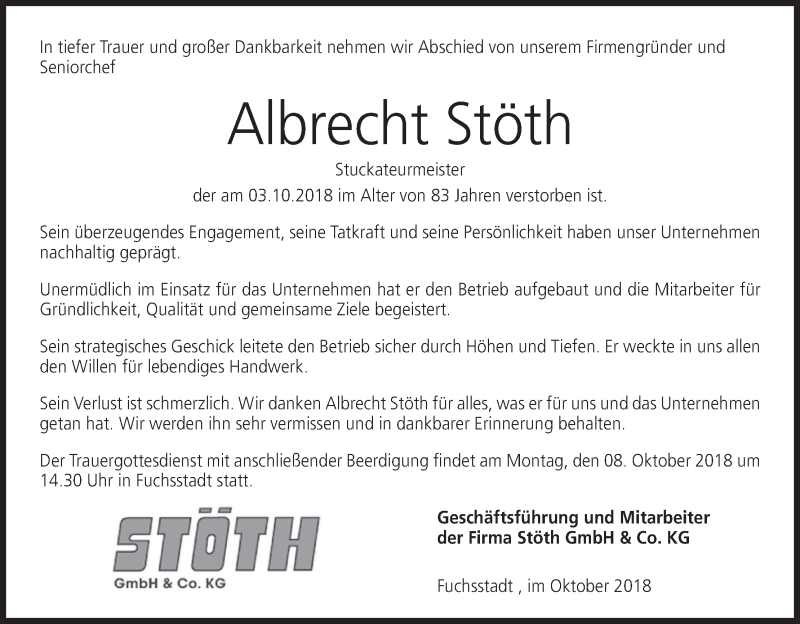  Traueranzeige für Albrecht Stöth vom 06.10.2018 aus MGO
