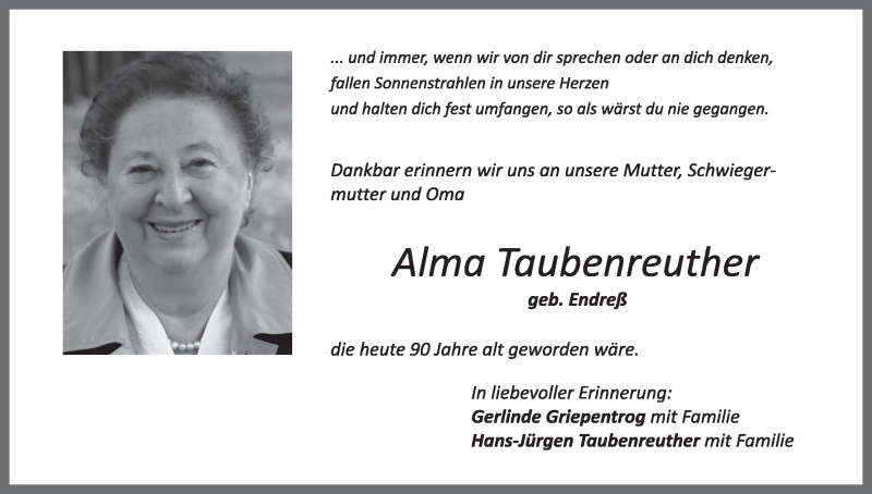  Traueranzeige für Alma Taubenreuther vom 12.10.2018 aus MGO