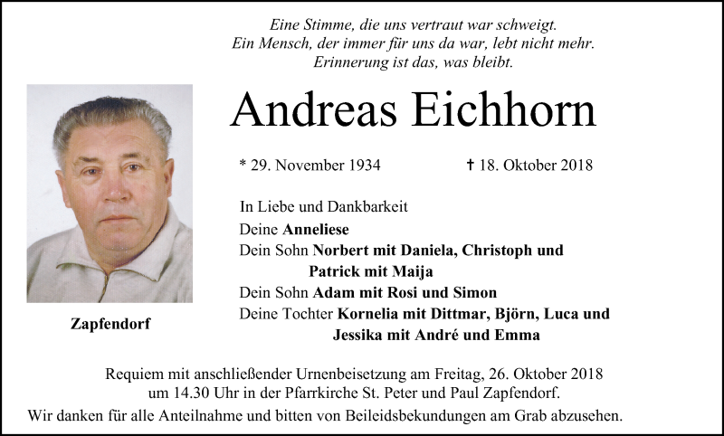 Traueranzeige für Andreas Eichhorn vom 23.10.2018 aus MGO