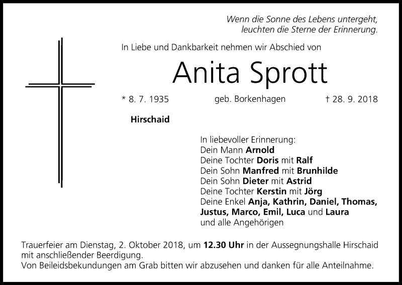 Traueranzeige für Anita Sprott vom 01.10.2018 aus MGO