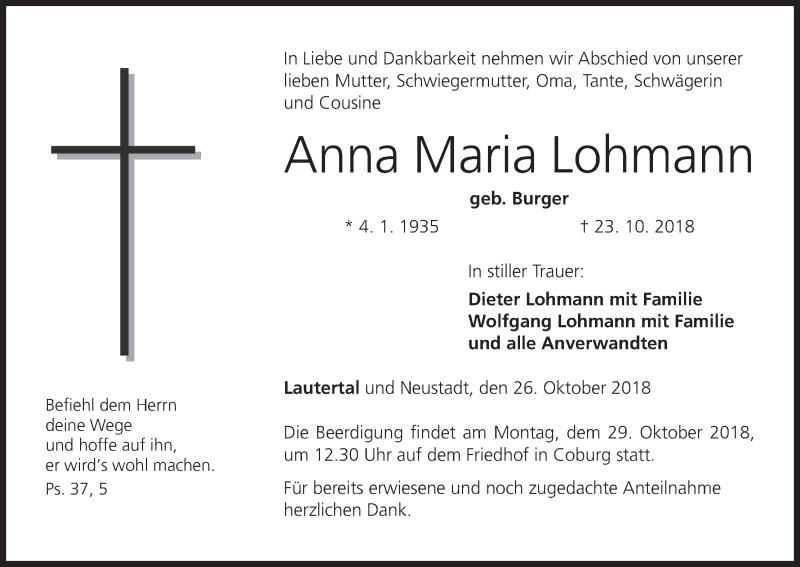  Traueranzeige für Anna Maria Lohmann vom 26.10.2018 aus MGO
