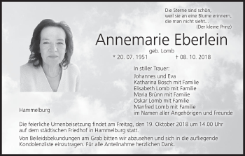 Anzeige von Annemarie Eberlein von MGO