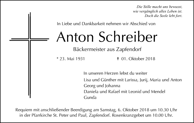  Traueranzeige für Anton Schreiber vom 03.10.2018 aus MGO