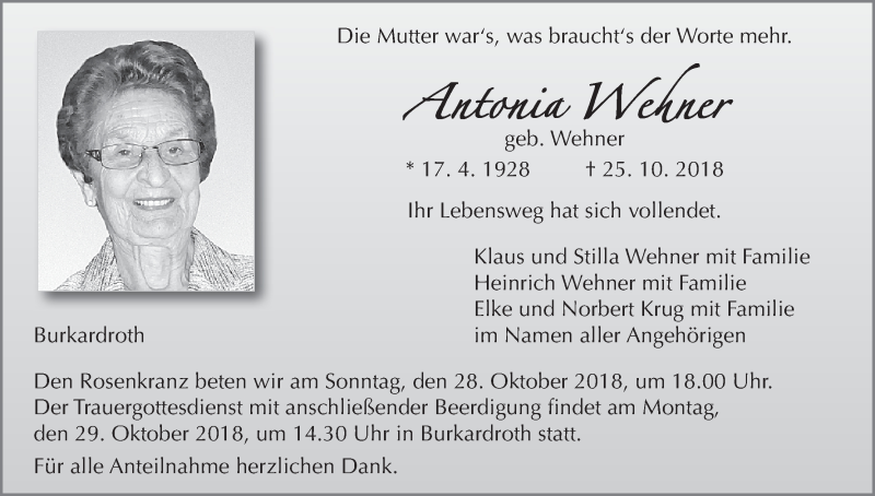  Traueranzeige für Antonia Wehner vom 26.10.2018 aus MGO