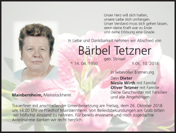 Anzeige von Bärbel Tetzner von MGO