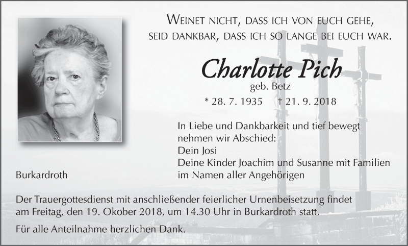  Traueranzeige für Charlotte Pich vom 13.10.2018 aus MGO