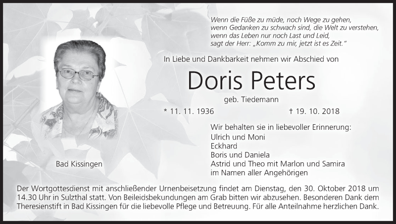  Traueranzeige für Doris Peters vom 24.10.2018 aus MGO