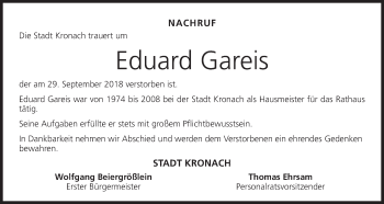 Anzeige von Eduard Gareis von MGO