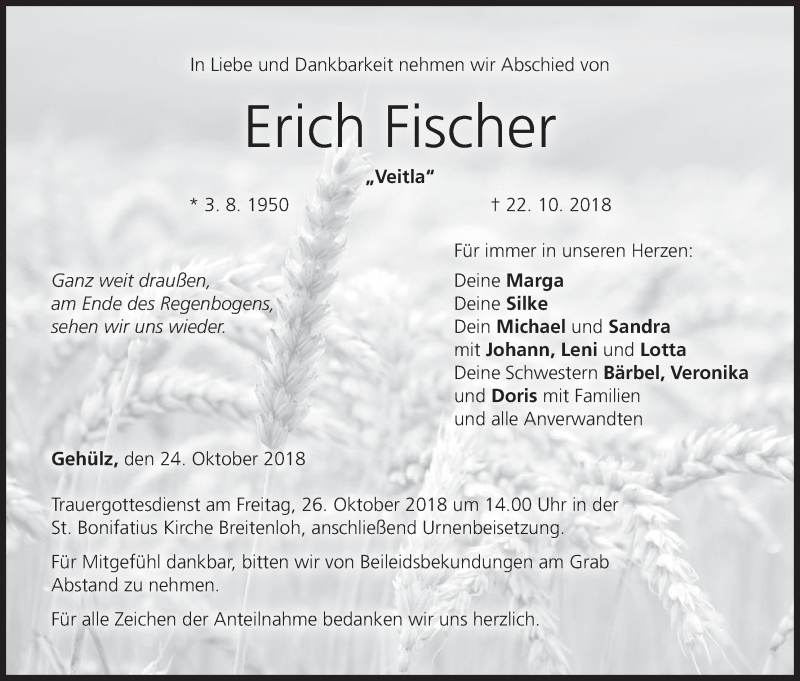  Traueranzeige für Erich Fischer vom 24.10.2018 aus MGO