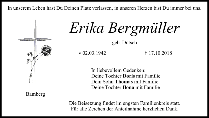  Traueranzeige für Erika Bergmüller vom 30.10.2018 aus MGO