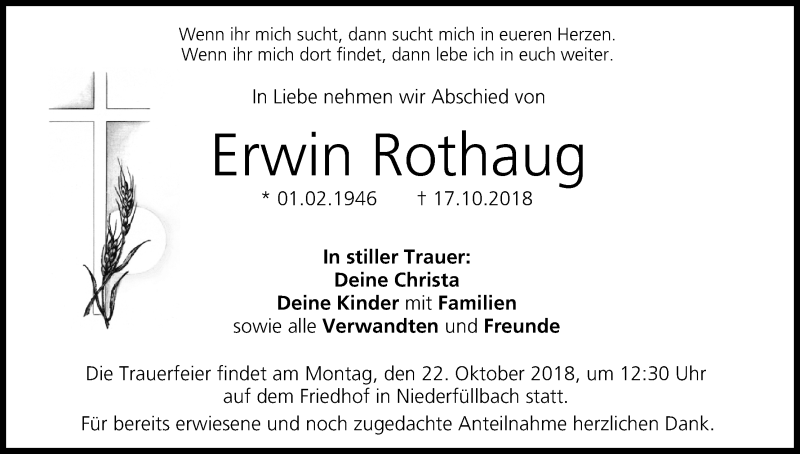  Traueranzeige für Erwin Rothaug vom 19.10.2018 aus MGO