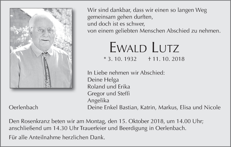  Traueranzeige für Ewald Lutz vom 13.10.2018 aus MGO
