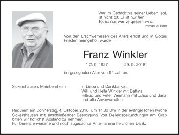 Anzeige von Franz Winkler von MGO