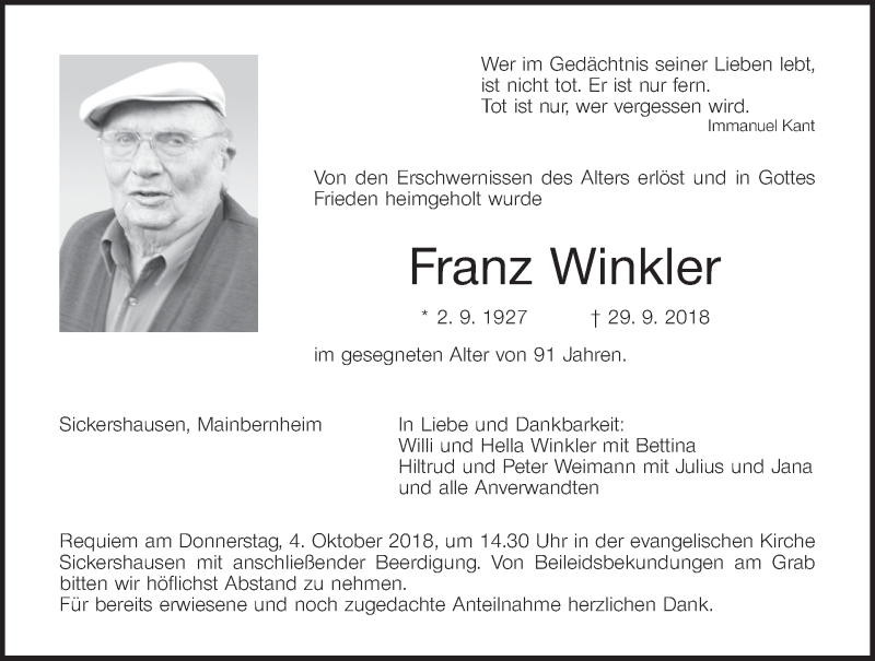  Traueranzeige für Franz Winkler vom 02.10.2018 aus MGO