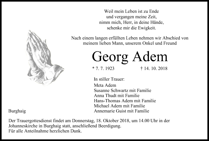  Traueranzeige für Georg Adem vom 17.10.2018 aus MGO