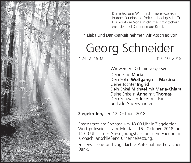  Traueranzeige für Georg Schneider vom 12.10.2018 aus MGO